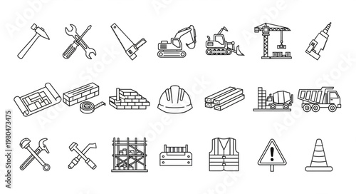 Construction tools and equipment illustration, perfect for industry and building projects.