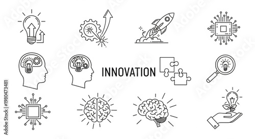 Creative innovation concept with brain, lightbulb, and technology elements.
