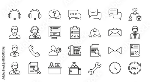 Customer service and support icons representing communication and assistance.