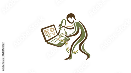 Abstract Person Working on Laptop with Gears and Tools