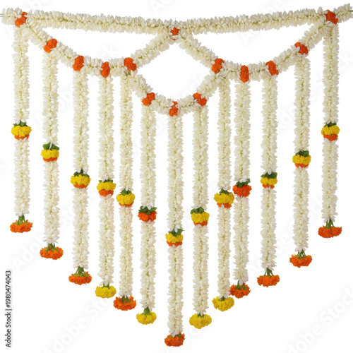 Traditional indian jasmine flower garlands with white star-shaped blossoms and marigold accents hanging in cascading strands against a white background festive elegance