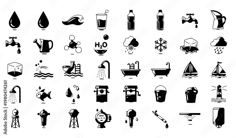 Obraz premium A collection of black and white vector icons depicting various water-related symbols and objects