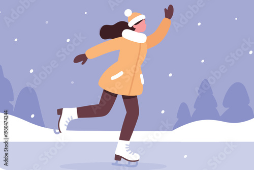 Illustration Of A Woman Ice Skating Outdoors With Mountains In The Background Vector Design Template