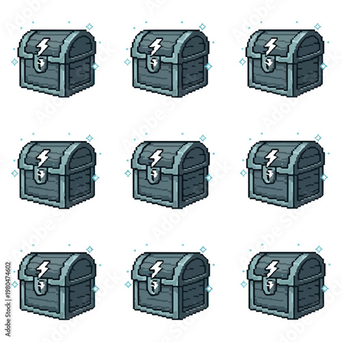 This is a pixel art grid showing nine identical grey treasure chests with silver trim and a white lightning bolt symbol on the front latch.