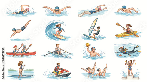 Swimming and water activity illustrations showing athletes diving, freestyle stroke, synchronized swimming and pool exercises in colorful cartoon style