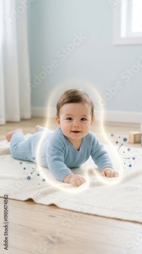 A baby lies on a white mat in a light room. The baby is smiling and looking at the camera