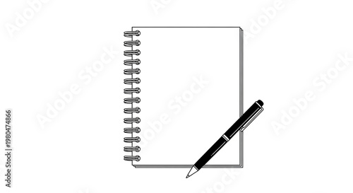 A simple black pen lies on a blank spiral notebook page