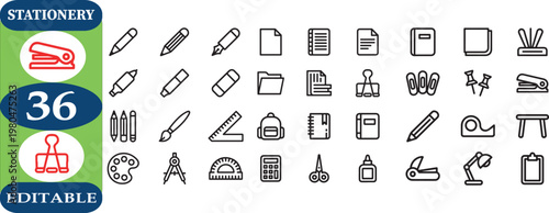 Stationery icons set with office supplies and school tools  editable graphics