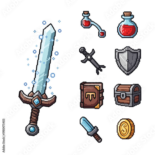Pixel art vector illustration of various fantasy RPG items, including a magical glowing sword, potions, a shield, a treasure chest, and a coin.