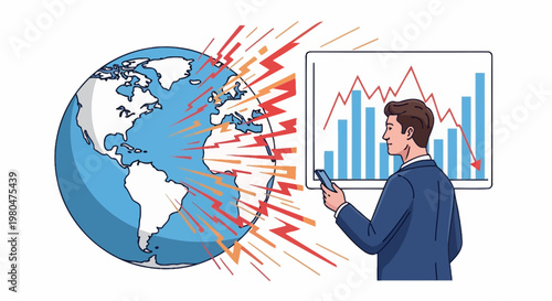 Businessman analyzes global market trends with falling graph and world