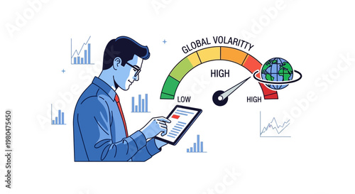 Businessman analyzes global market volatility using digital tablet vector illustration