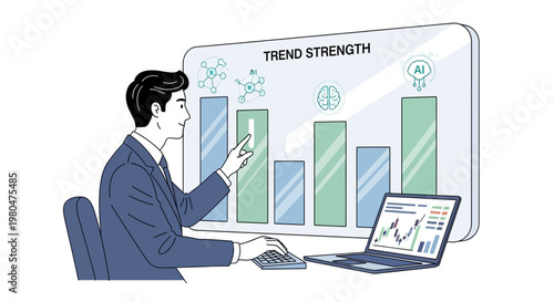 Businessman analyzes market trends amidst waves of financial fluctuations