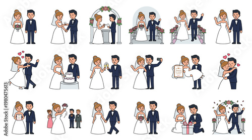 Wedding couple activity set with bride and groom in romantic ceremony and celebration scenes in cartoon vector style isolated on white background