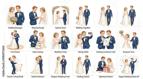 Wedding couple profession set with bride groom characters in various careers and ceremony roles in cartoon vector illustration isolated on white background