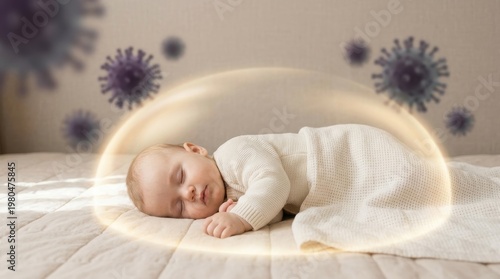 A baby is sleeping on a soft bed with virus illustrations in the background