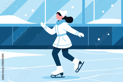 Illustration Of A Woman Ice Skating On An Ice Skating Rink Vector Design Template