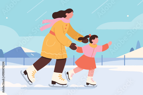 Illustration Of A Mother Accompanying Her Daughter Ice Skating With A Mountain Backdrop Vector Design Template