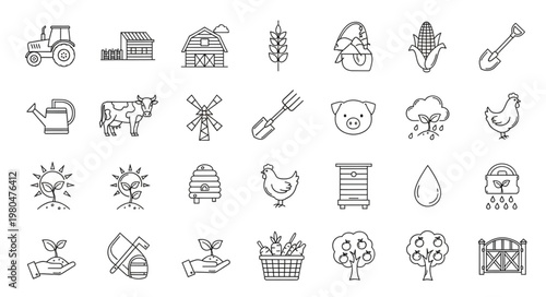 Farm life illustration with various agricultural elements and tools in a sketch style.