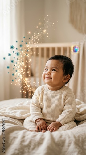 A baby smiles while sitting on a bed. Sparkles surround the baby in a soft room filled with light
