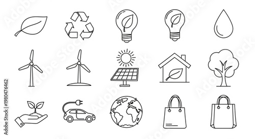 Eco-friendly icons representing sustainability, renewable energy, and environmental protection.
