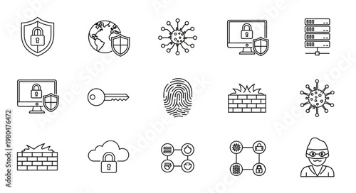 Cybersecurity and data protection icons representing digital security measures and network safety.