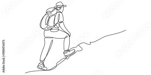 A continuous line drawing of a backpacker hiking up a steep hill on a simple white background