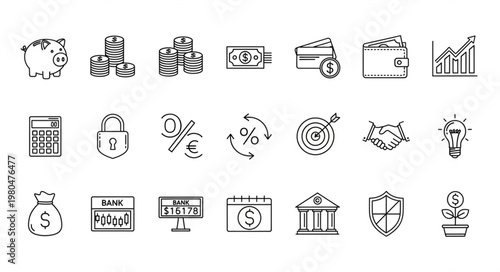 Financial and banking icons set, representing money and investment concepts.