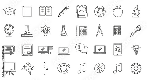 Education and learning concept with various school and academic icons in a line art style.