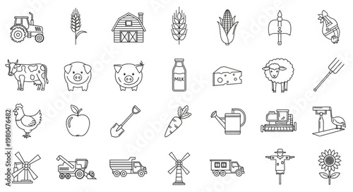 Farm life illustration with various agricultural elements and tools in a simple style.