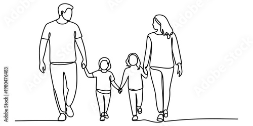 A continuous line drawing of a happy family consisting of a mother, a father and two small children