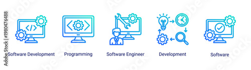 DevOps development icon set including programming,software engineering and application development for modern coding workflow