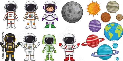 Cartoon Astronauts and Planets Vector Collection with Space Gear, Sun, Moon, and Different Planet Designs for Space, Science, and Adventure Illustrations