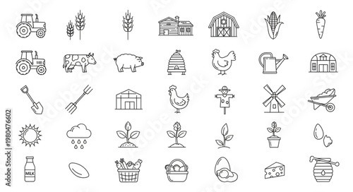 Farm icons collection, featuring tractors, animals, plants, and agricultural elements.