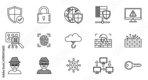 Cybersecurity and digital security icons representing protection and safety measures.