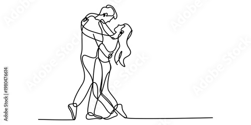 Minimalist continuous line drawing of a loving couple embracing in a romantic dance posture.