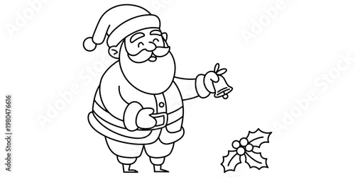 A simple black and white line art drawing of santa claus holding a small jingle bell for kids