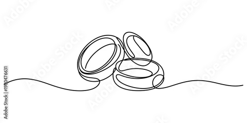 Minimalist continuous line drawing of two wedding bands signifying love and eternal commitment