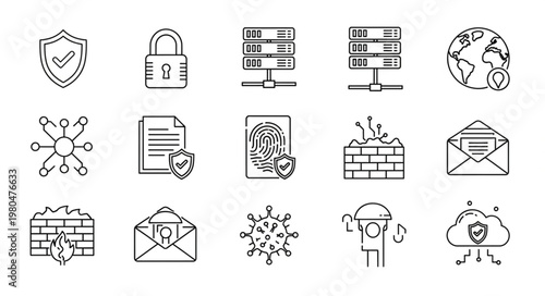 Cybersecurity and data protection icons representing digital safety and security measures.