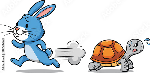 Cartoon Hare and Tortoise Illustration Showing the Classic Race with Humorous Expressions for Fable, Animal, and Friendship Designs