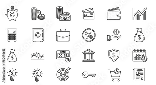 Financial icons representing banking, investment, and economic concepts in a sketch style.