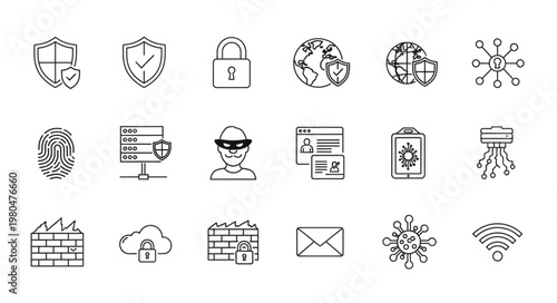 Cybersecurity and digital security icons representing protection and safety measures.