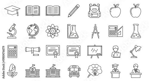 Educational icons representing school, science, and learning concepts in a sketch style.