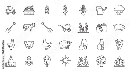 Farm life icons depicting various agricultural elements and animals in a simple style.