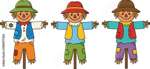 Colorful Scarecrow Vector Collection with Different Outfits and Hats for Farm, Harvest, and Fall Season Illustrations