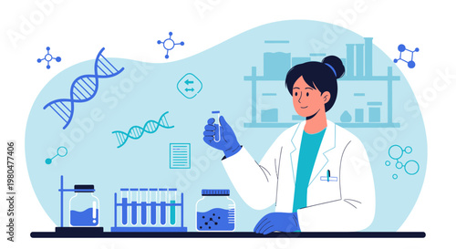 Scientist in Lab Coat Holding Test Tube, DNA and Molecules Background