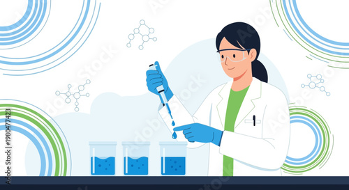 Scientist in Lab Coat Pipetting Liquid into Beakers, Scientific Research and Development