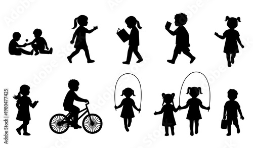 Children silhouette vector set kids playing reading cycling school activity collection
