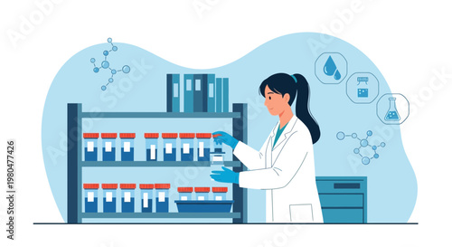Scientist in lab coat organizing samples in a laboratory shelf with scientific icons