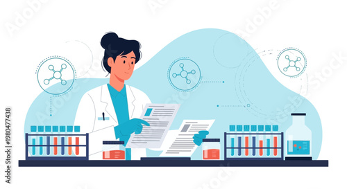 Scientist in lab coat studying documents with test tubes and molecules in background