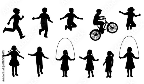 Kids playing silhouette vector dynamic children outdoor movement activity set